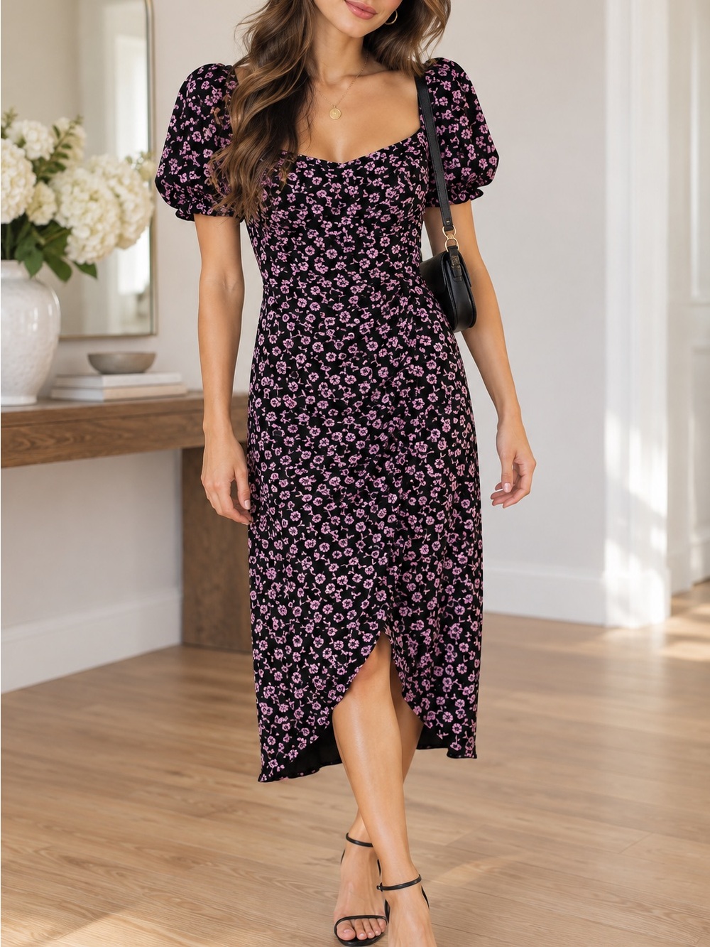 ASTR The Label Black Pink Floral Puff Sleeve Ruched Midi Dress M